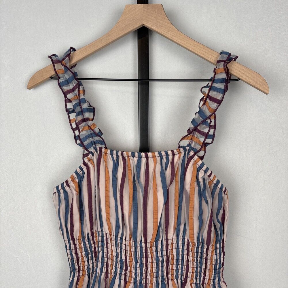 Tularosa Revolve Ingrid Dress M Colorful Striped Ruffled Smocked Fit and Flare - Picture 3 of 12